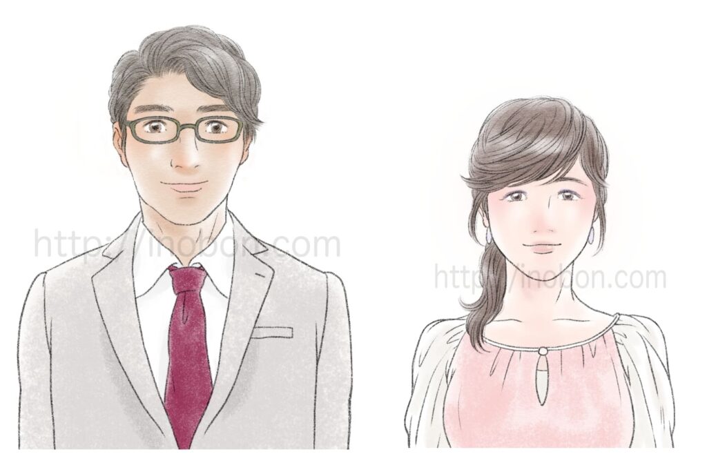 スーツを着たメガネの男性とおっとりした表情の女性