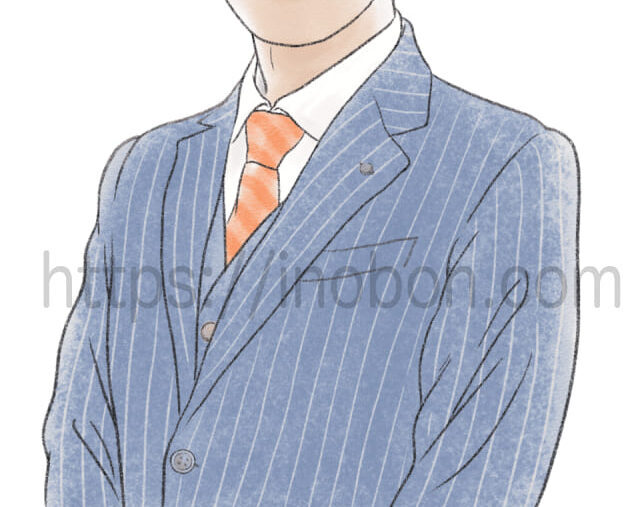 青いスーツを着た男性の似顔絵