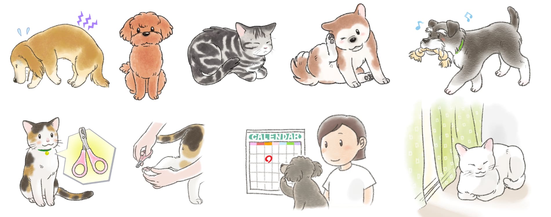 ペットの犬や猫、動物のイラスト、挿絵