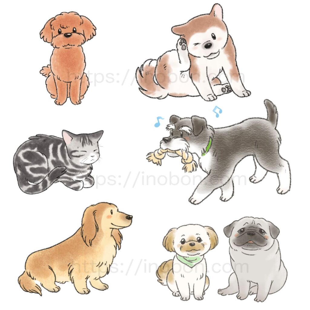 トイプードル、柴犬、シュナウザー、ダックス、猫、パグ、シーズーペット動物のイラスト