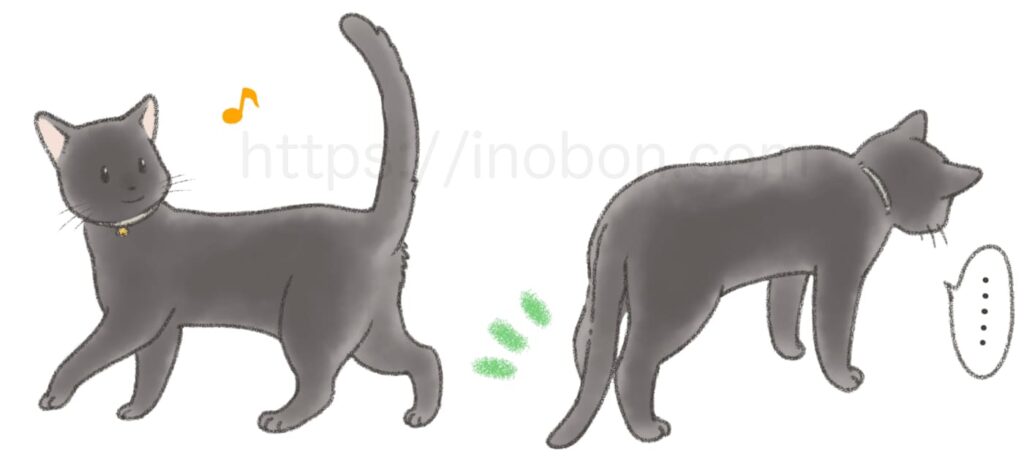 尻尾をピンと立てている黒猫、尻尾をだらんと下げている黒猫