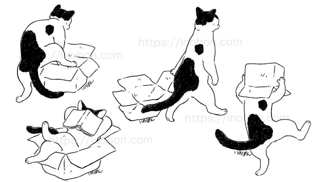 黒と白のブチ柄の猫が箱を持っているイラスト