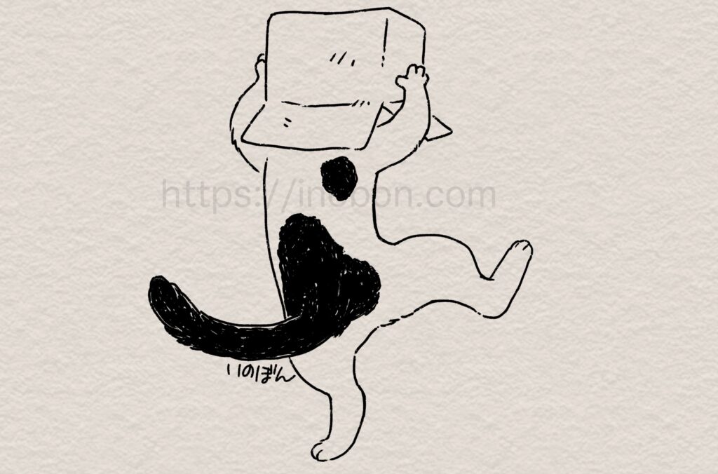 段ボール箱を頭にかぶり小躍りする猫のイラスト