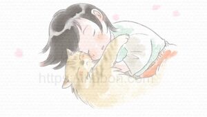 女の子が猫と寄り添って寝ている