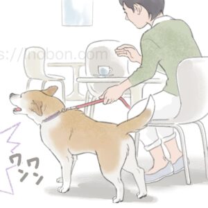 ドッグカフェにいる飼い主と犬、近づいて来る他の犬に激しく吠えている
