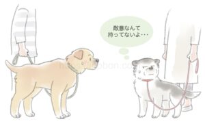 飼い主と散歩中の2匹の犬がお互いに向かい合っている、犬同士の挨拶