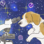 ミクロの美しい世界と顕微鏡を覗く犬