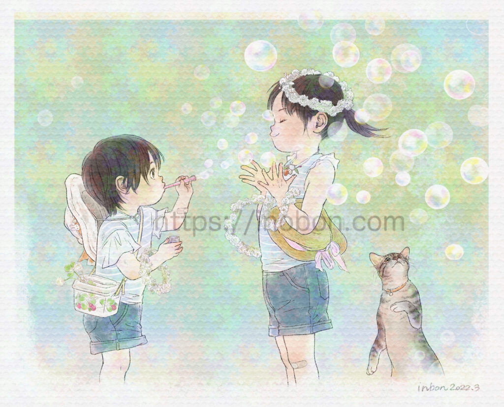 シャボン玉で遊ぶ二人の姉妹と猫、イラスト