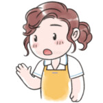 エプロンをつけた女性店員が驚いている