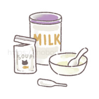 ペット用のウェットフードとミルク缶、ボウルとスプーン