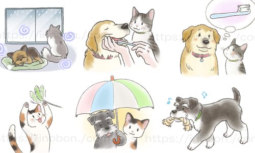 ペットの生活、健康、日常ケアのイラスト