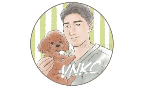 男性の似顔絵と茶色のトイプードル